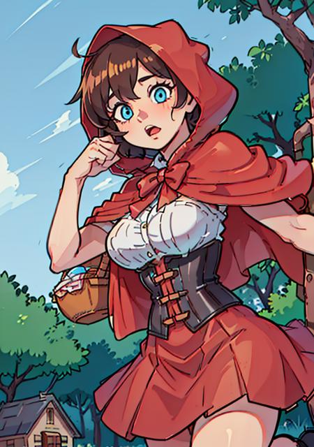 06558-2688082568-(RedHoodWaifu_1), 1girl, cute, (messy hair, brown hair, short hair), (red hood, cape, corset, dress, red skirt), basket, cute po.png